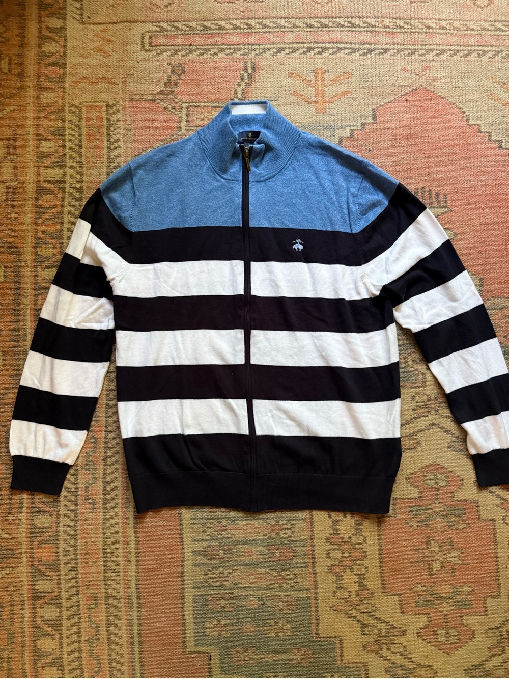 Brooks Brothers Blue, Black & White Striped Full-Zip Sweater